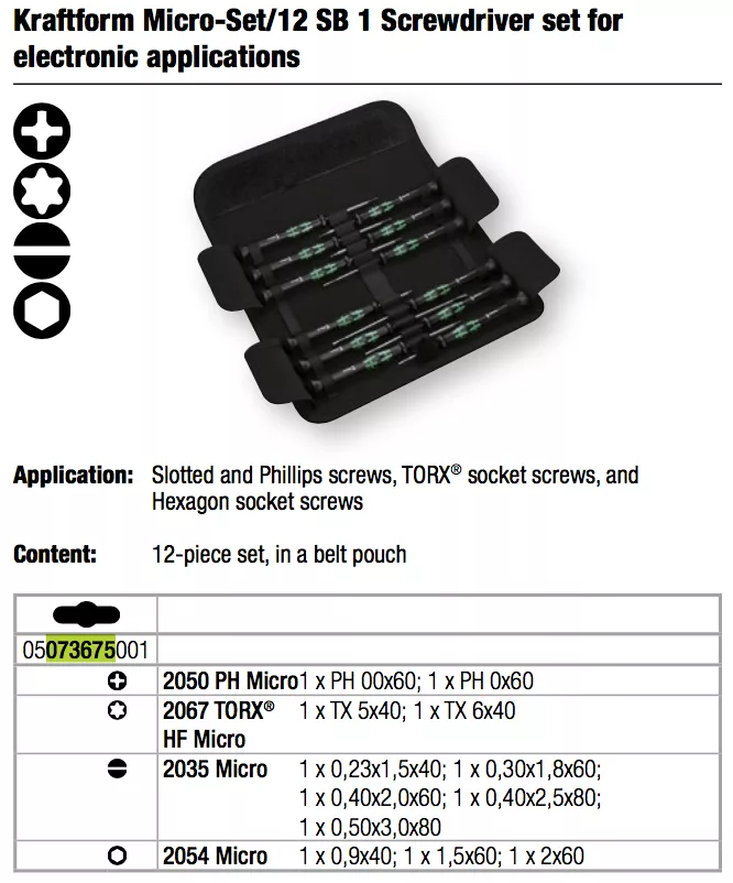 Wera 073675 Micro Screwdriver Set 12 pieces.